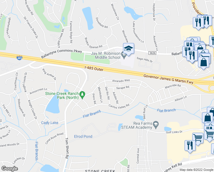 map of restaurants, bars, coffee shops, grocery stores, and more near 10505 Serape Road in Charlotte