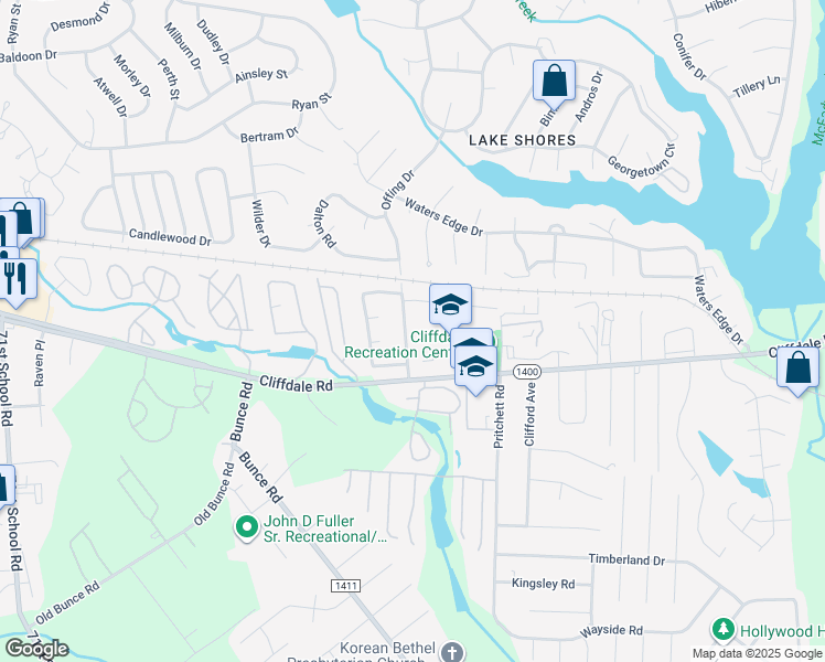 map of restaurants, bars, coffee shops, grocery stores, and more near 529 Offing Drive in Fayetteville
