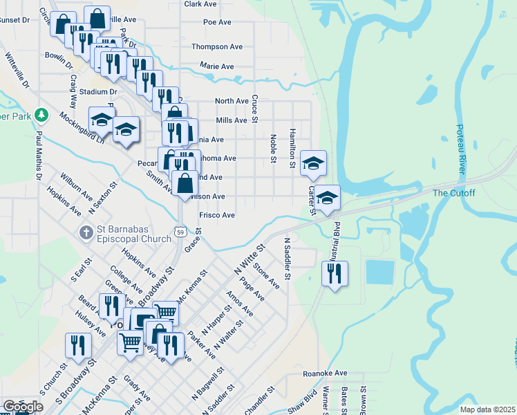 map of restaurants, bars, coffee shops, grocery stores, and more near 202 Cruce Street in Poteau