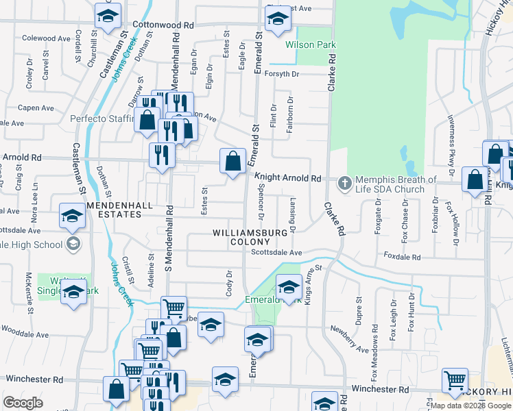 map of restaurants, bars, coffee shops, grocery stores, and more near 3255 Spencer Drive in Memphis