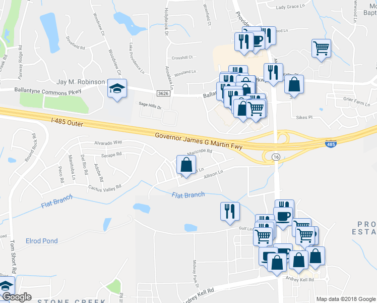 map of restaurants, bars, coffee shops, grocery stores, and more near 6923 Maricopa Road in Charlotte