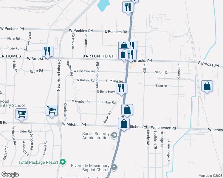 map of restaurants, bars, coffee shops, grocery stores, and more near 70 East Belle Haven Road in Memphis