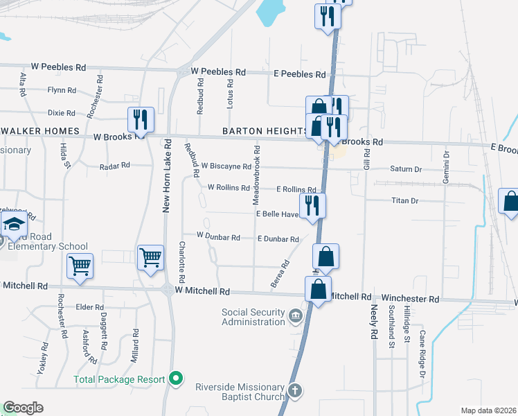 map of restaurants, bars, coffee shops, grocery stores, and more near 30 East Belle Haven Road in Memphis