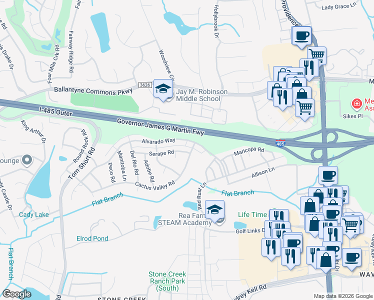 map of restaurants, bars, coffee shops, grocery stores, and more near 5519 Cactus Valley Road in Charlotte