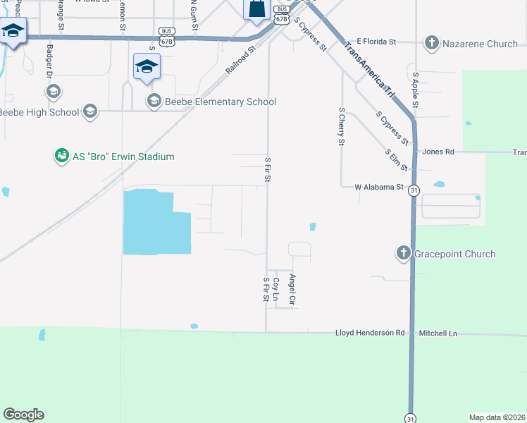 map of restaurants, bars, coffee shops, grocery stores, and more near 1004 South Fir Street in Beebe