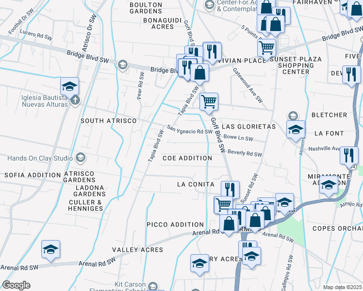 map of restaurants, bars, coffee shops, grocery stores, and more near 1824 Wildwood Lane Southwest in Albuquerque