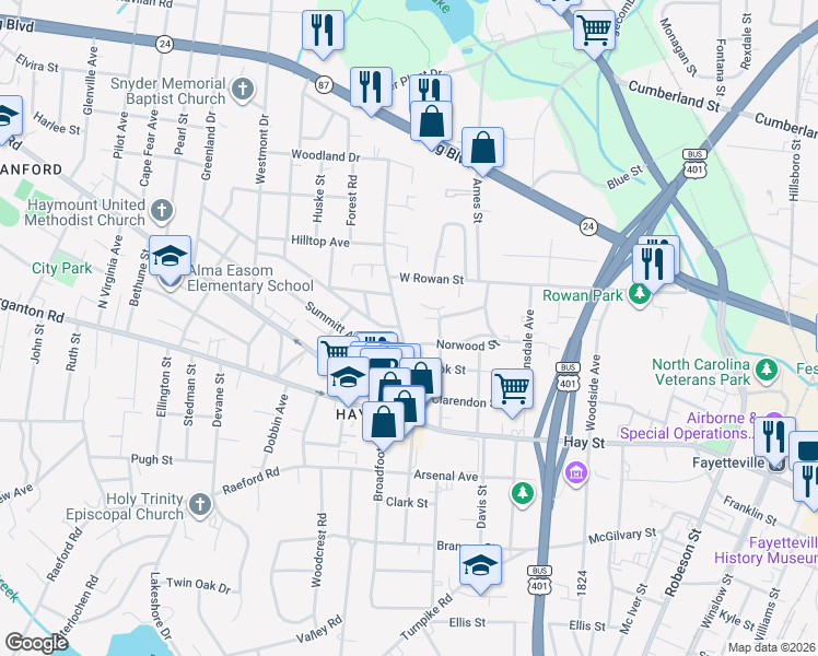 map of restaurants, bars, coffee shops, grocery stores, and more near 1106 Norwood Street in Fayetteville