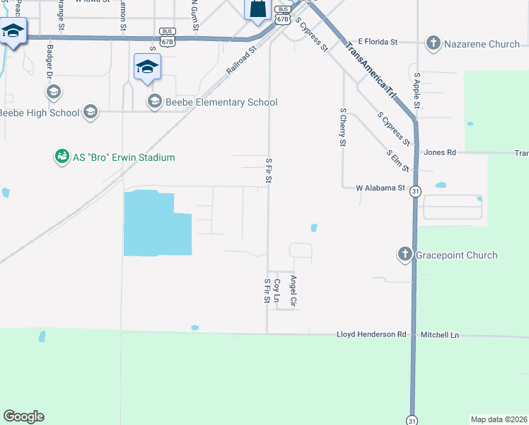 map of restaurants, bars, coffee shops, grocery stores, and more near 1004 South Fir Street in Beebe