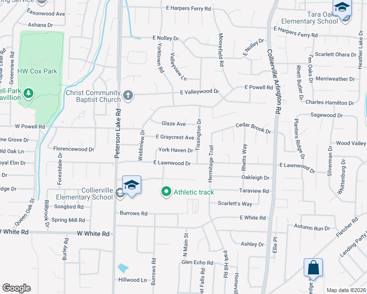 map of restaurants, bars, coffee shops, grocery stores, and more near 186 York Haven Drive in Collierville