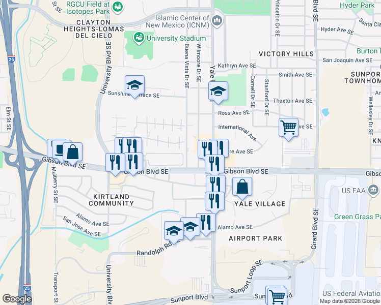map of restaurants, bars, coffee shops, grocery stores, and more near 1932 Buena Vista Drive Southeast in Albuquerque