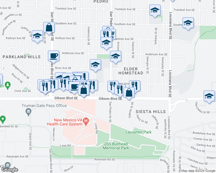 map of restaurants, bars, coffee shops, grocery stores, and more near 1201 San Pedro Drive Southeast in Albuquerque