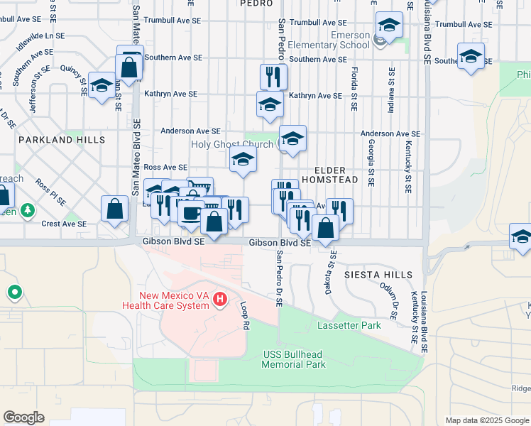 map of restaurants, bars, coffee shops, grocery stores, and more near 1201 San Pedro Drive Southeast in Albuquerque