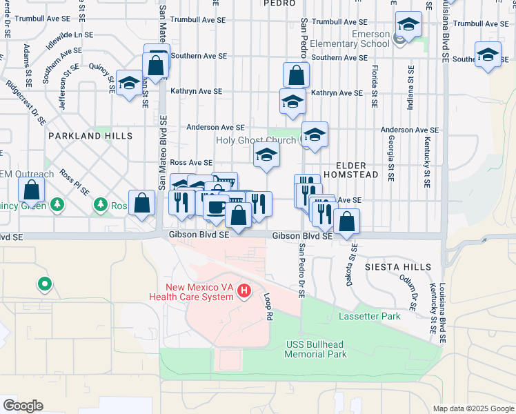 map of restaurants, bars, coffee shops, grocery stores, and more near 5415 Gibson Boulevard Southeast in Albuquerque