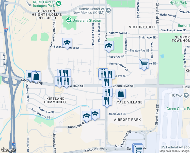 map of restaurants, bars, coffee shops, grocery stores, and more near 1932 Buena Vista Drive Southeast in Albuquerque
