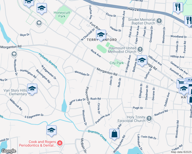 map of restaurants, bars, coffee shops, grocery stores, and more near 117 Pinecrest Drive in Fayetteville