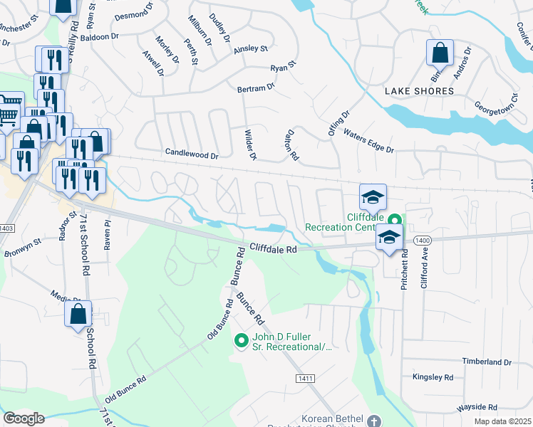 map of restaurants, bars, coffee shops, grocery stores, and more near 661 Bartons Landing Place in Fayetteville