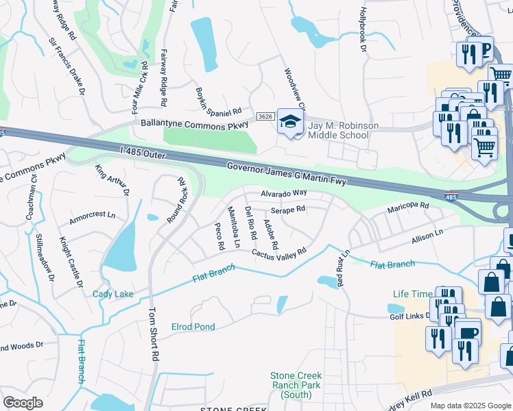 map of restaurants, bars, coffee shops, grocery stores, and more near 10513 Serape Road in Charlotte