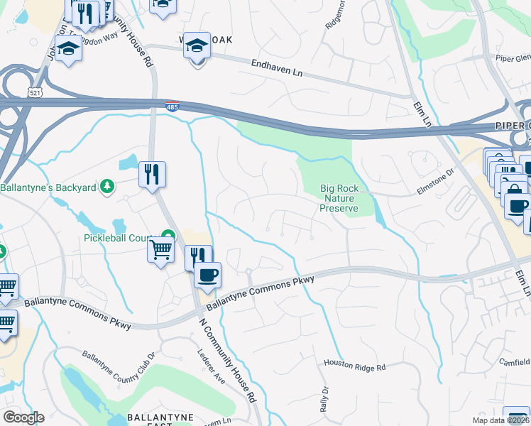 map of restaurants, bars, coffee shops, grocery stores, and more near 10921 Back Ridge Road in Charlotte