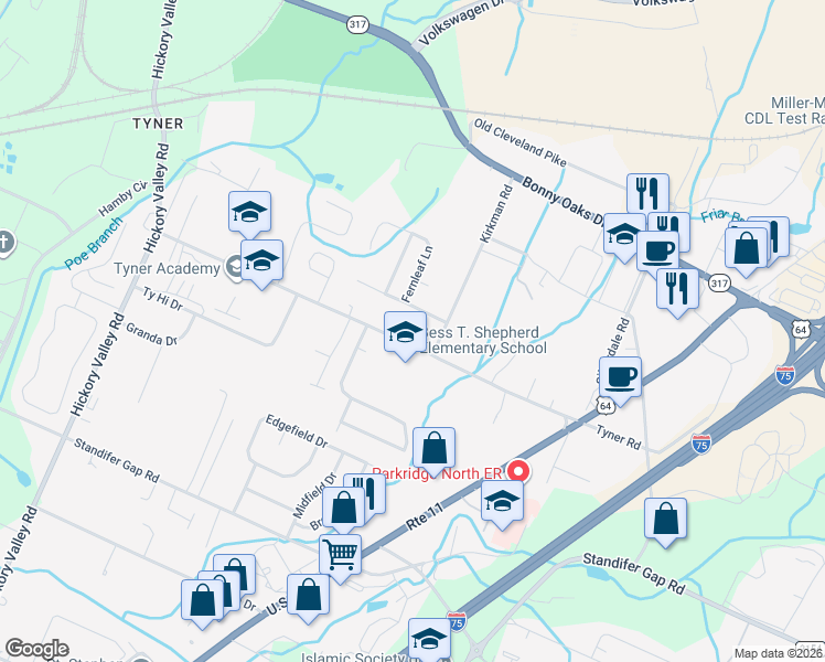 map of restaurants, bars, coffee shops, grocery stores, and more near 7121 Tyner Rd in Chattanooga
