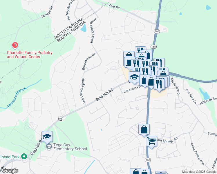 map of restaurants, bars, coffee shops, grocery stores, and more near 1838 Gold Hill Road in Fort Mill