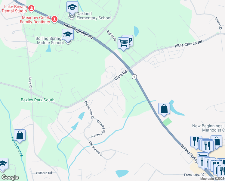 map of restaurants, bars, coffee shops, grocery stores, and more near 619 Hardwood Drive in Boiling Springs
