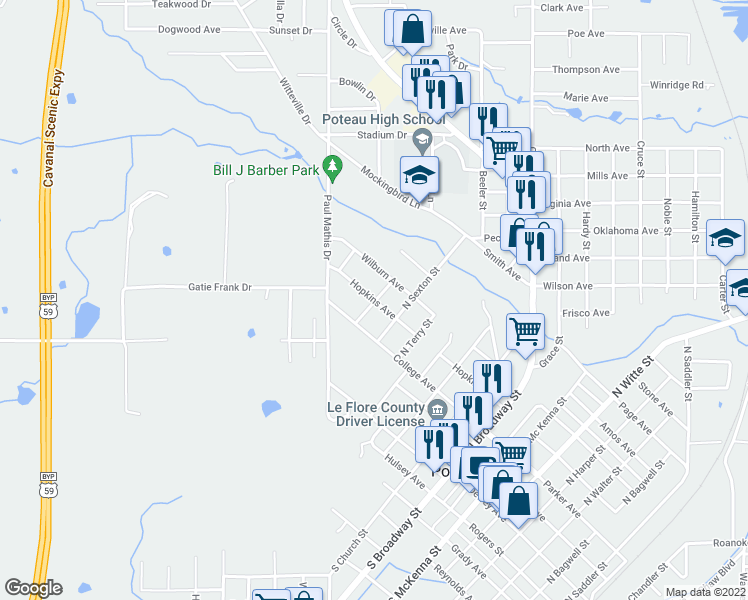 map of restaurants, bars, coffee shops, grocery stores, and more near 702 Hopkins Avenue in Poteau