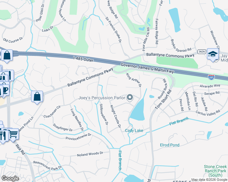 map of restaurants, bars, coffee shops, grocery stores, and more near 5002 Jordanus Court in Charlotte
