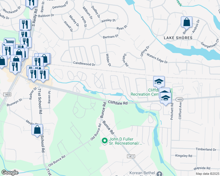 map of restaurants, bars, coffee shops, grocery stores, and more near 667 Bartons Landing Place in Fayetteville