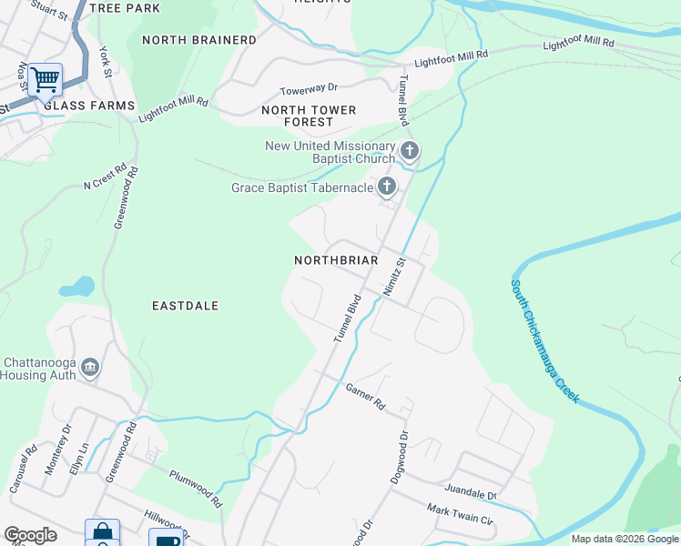 map of restaurants, bars, coffee shops, grocery stores, and more near 2416 NorthBrier Circle in Chattanooga