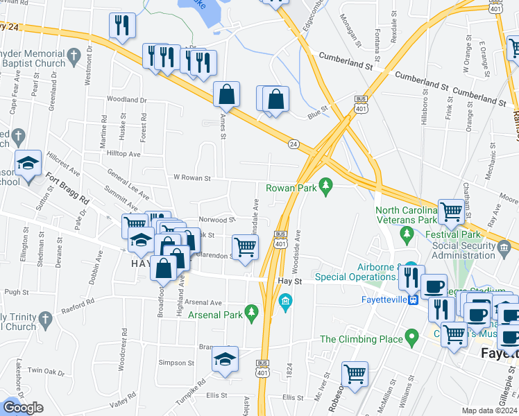 map of restaurants, bars, coffee shops, grocery stores, and more near 306 Hinsdale Avenue in Fayetteville