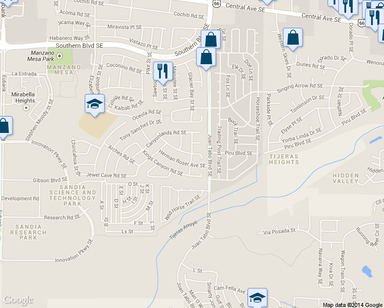 map of restaurants, bars, coffee shops, grocery stores, and more near Isle Royale Rd SE & Isle Royale Pl SE in Albuquerque