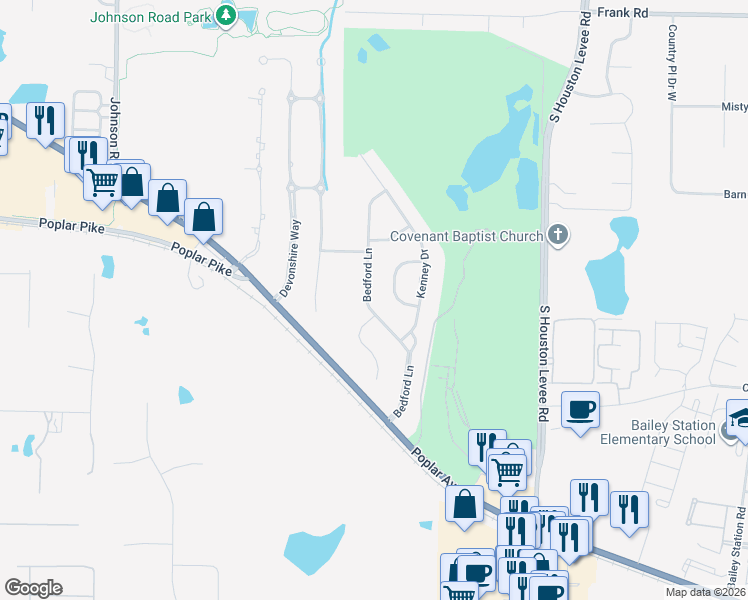 map of restaurants, bars, coffee shops, grocery stores, and more near 3296 Bedford Lane in Memphis