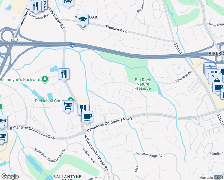 map of restaurants, bars, coffee shops, grocery stores, and more near 10921 Back Ridge Road in Charlotte