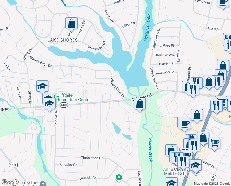 map of restaurants, bars, coffee shops, grocery stores, and more near 537 Mill Cove in Fayetteville