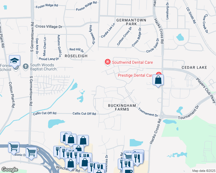 map of restaurants, bars, coffee shops, grocery stores, and more near 7884 Silver Lake Lane in Memphis