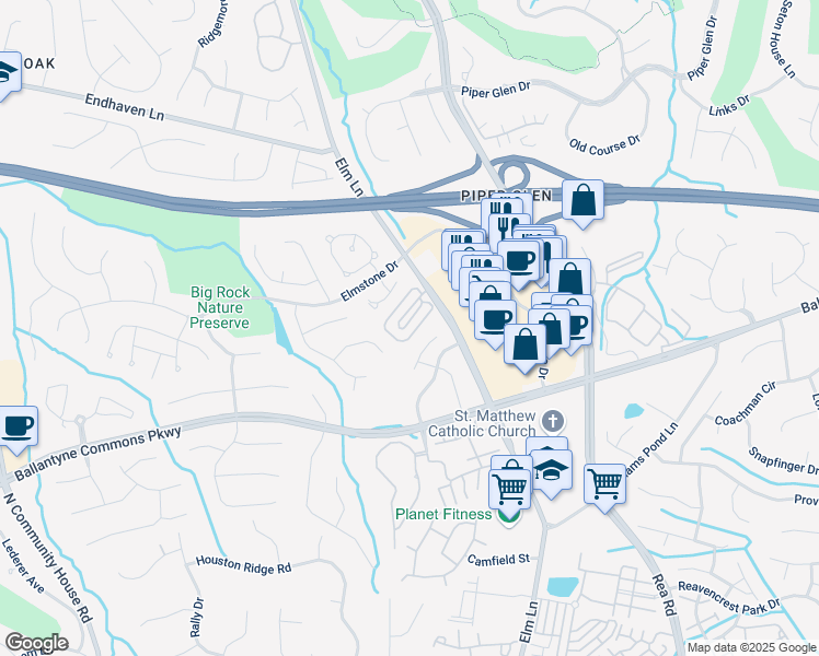 map of restaurants, bars, coffee shops, grocery stores, and more near 8370 Indigo Row in Charlotte