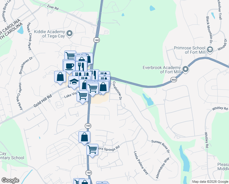 map of restaurants, bars, coffee shops, grocery stores, and more near 919 Azurine Circle in Fort Mill
