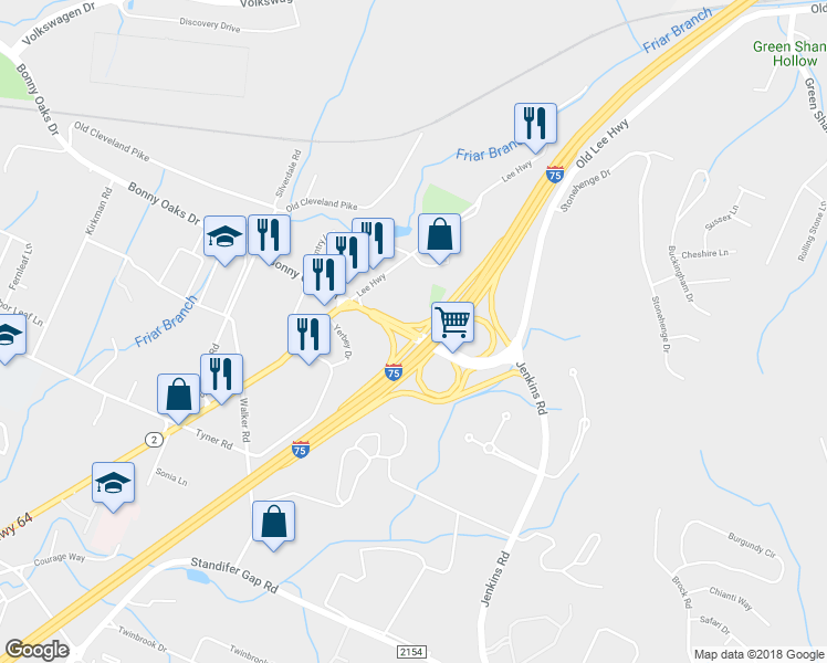 map of restaurants, bars, coffee shops, grocery stores, and more near 7255 Old Lee Highway in Chattanooga