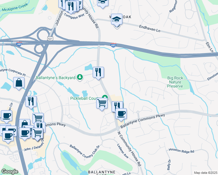 map of restaurants, bars, coffee shops, grocery stores, and more near 11540 North Community House Road in Charlotte