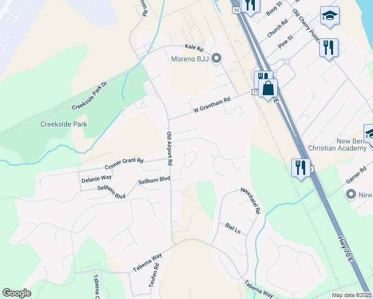map of restaurants, bars, coffee shops, grocery stores, and more near 140 Jordan Drive in New Bern