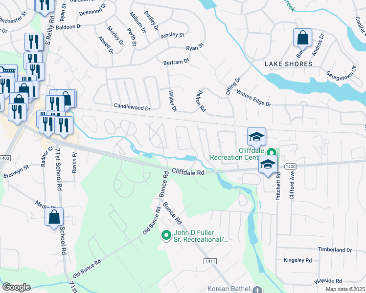 map of restaurants, bars, coffee shops, grocery stores, and more near 664 Bartons Landing Place in Fayetteville
