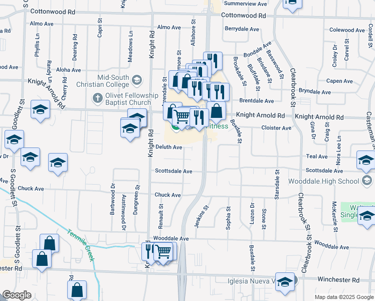 map of restaurants, bars, coffee shops, grocery stores, and more near 4695 Deluth Avenue in Memphis