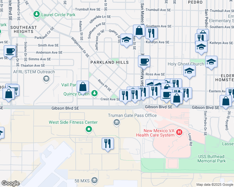 map of restaurants, bars, coffee shops, grocery stores, and more near 1904 Ross Place Southeast in Albuquerque