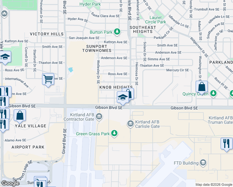 map of restaurants, bars, coffee shops, grocery stores, and more near 3437 Crest Avenue Southeast in Albuquerque