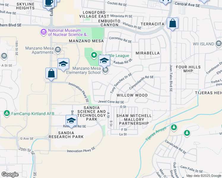 map of restaurants, bars, coffee shops, grocery stores, and more near 1119 Tony Sanchez Drive Southeast in Albuquerque