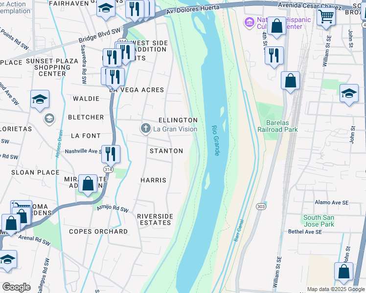 map of restaurants, bars, coffee shops, grocery stores, and more near 624 Riverside Drive Southwest in Albuquerque