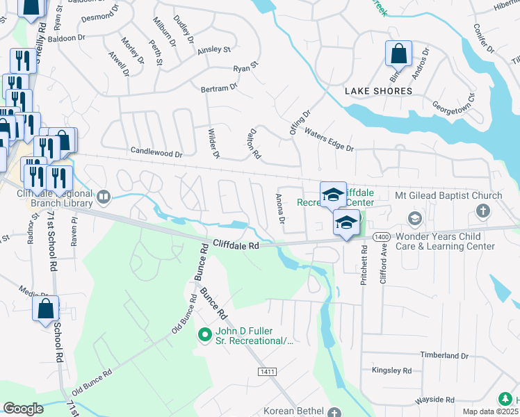 map of restaurants, bars, coffee shops, grocery stores, and more near 508 Regency Drive in Fayetteville