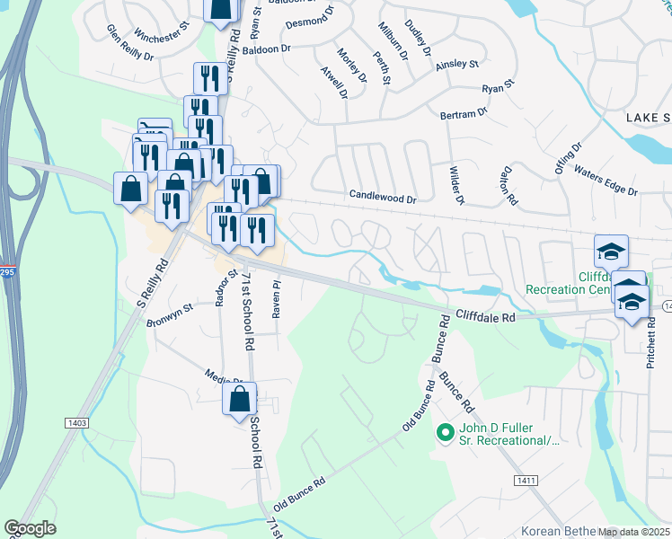 map of restaurants, bars, coffee shops, grocery stores, and more near 6820 Cliffdale Road in Fayetteville