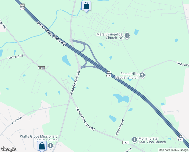 map of restaurants, bars, coffee shops, grocery stores, and more near 3616 North Rocky River Road in Monroe