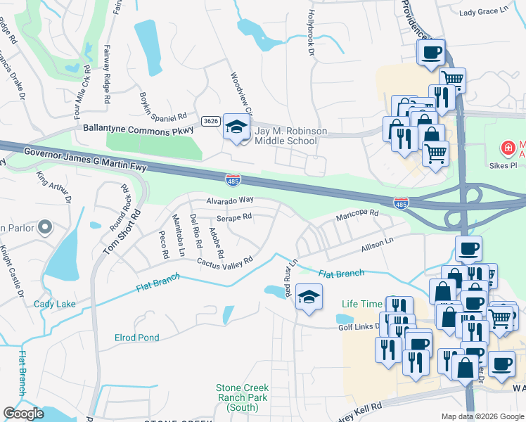 map of restaurants, bars, coffee shops, grocery stores, and more near 5603 Lago Vista Court in Charlotte
